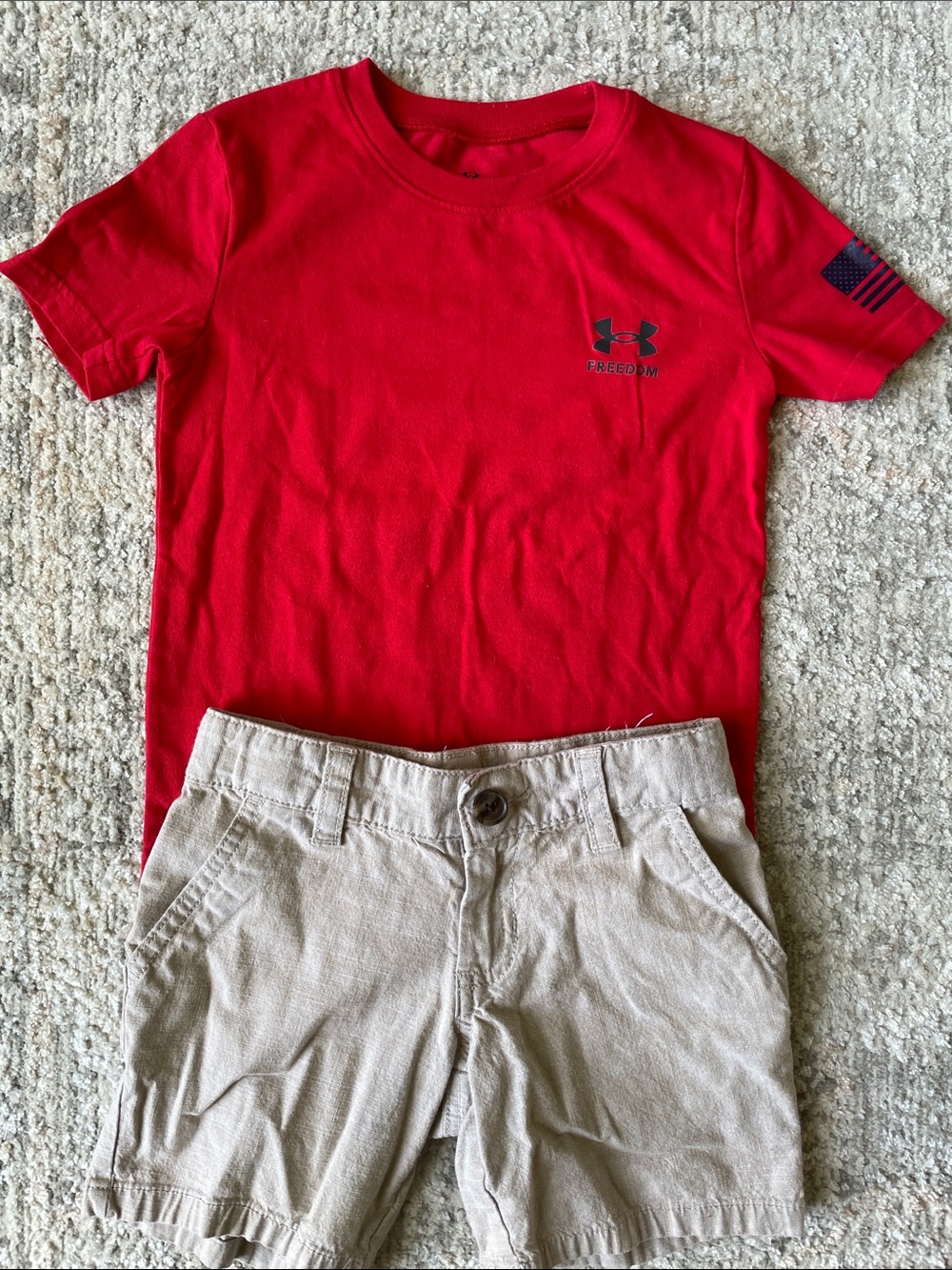 Under Armour Red Tee with Cat & Jack shorts